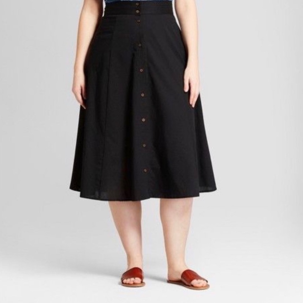 Flowy Black Cotton Linen Blend Midi Skirt, M